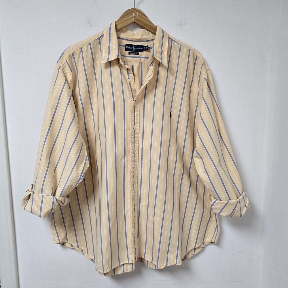 Ralph Lauren Shirt Mens 3XB Yellow Stripe ButtonUp Long Sleeve Pony Logo Classic